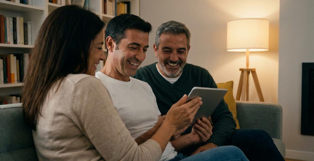 Pareja española comparando criterios de agencias inmobiliarias en tablet en su salón