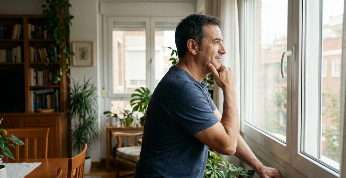 Propietario español reflexionando junto a ventana de su piso en Madrid antes de vender