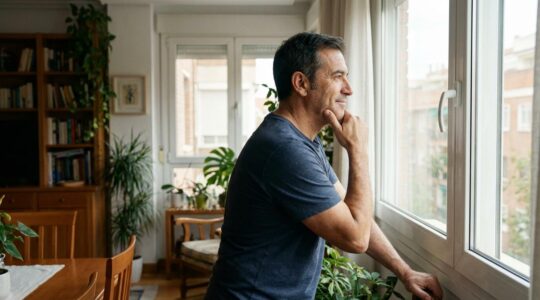 Propietario español reflexionando junto a ventana de su piso en Madrid antes de vender
