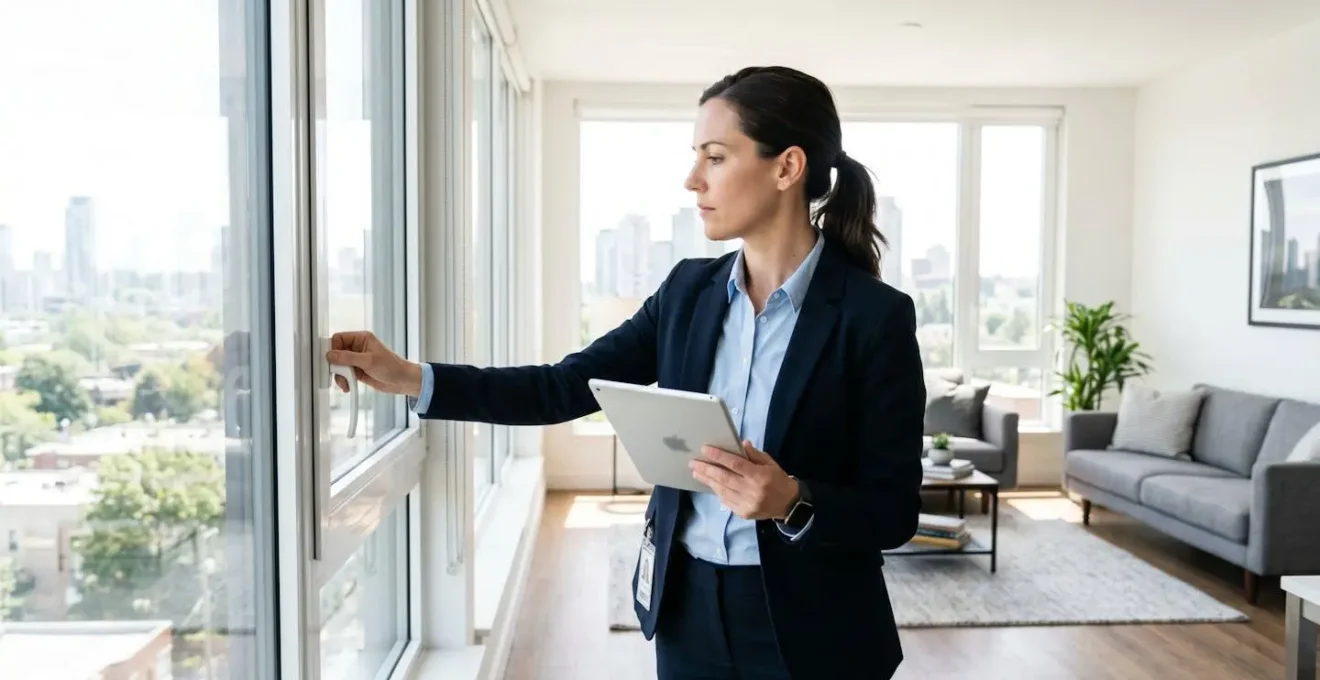 Profesional inmobiliario de perfil inspeccionando detalles de ventana o pared con tablet en mano, pantalla difuminada, interior residencial moderno iluminado con luz natural