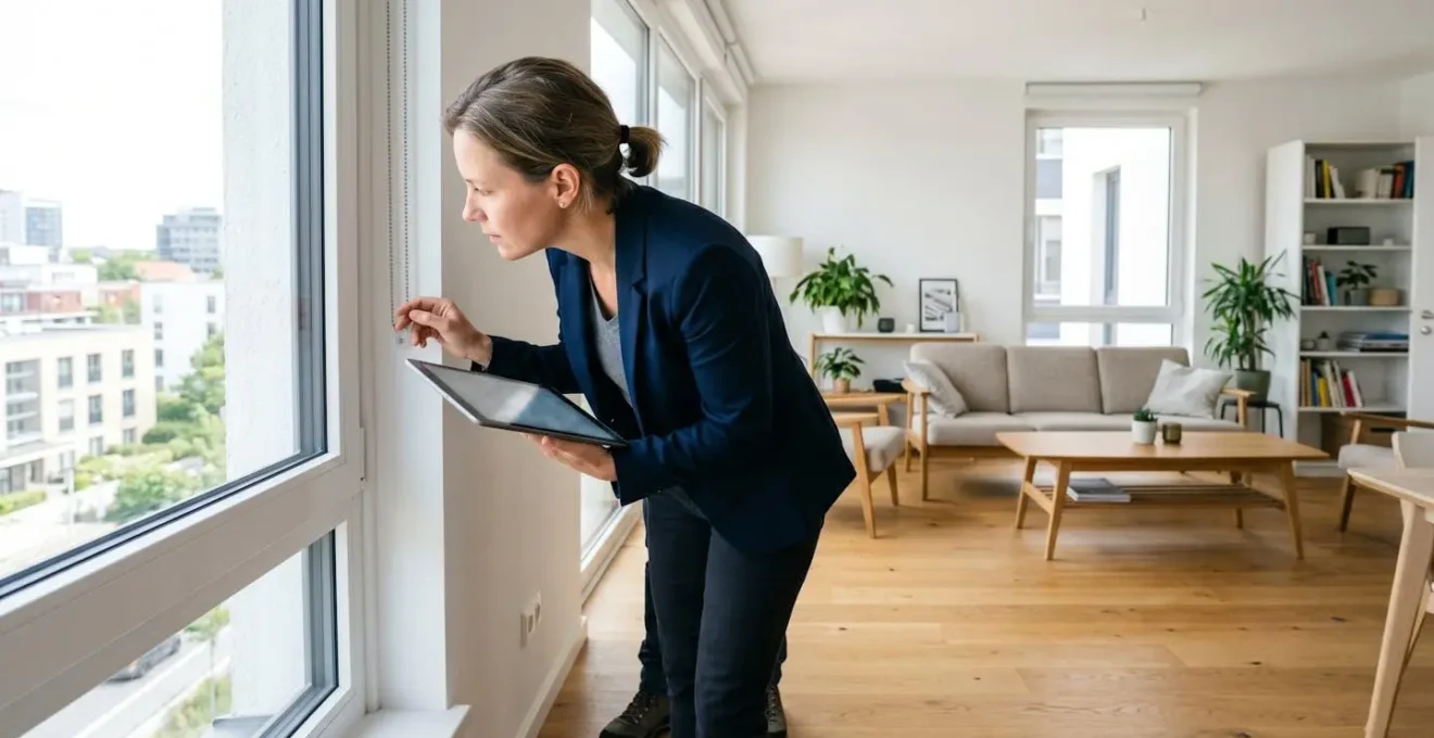 Profesional inmobiliario de perfil inspeccionando detalles de ventana o pared con tablet en mano, pantalla difuminada, interior residencial moderno iluminado con luz natural