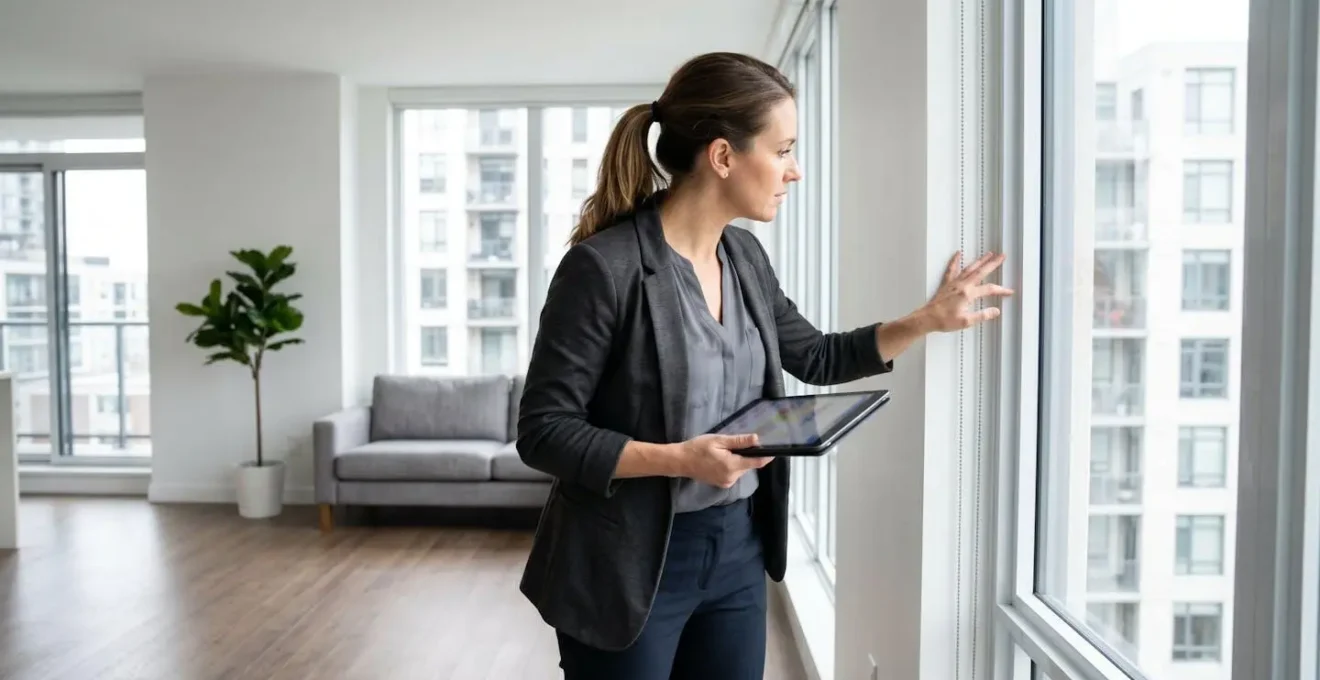 Profesional inmobiliario de perfil inspeccionando detalles de ventana o pared con tablet en mano, pantalla difuminada, interior residencial moderno iluminado con luz natural