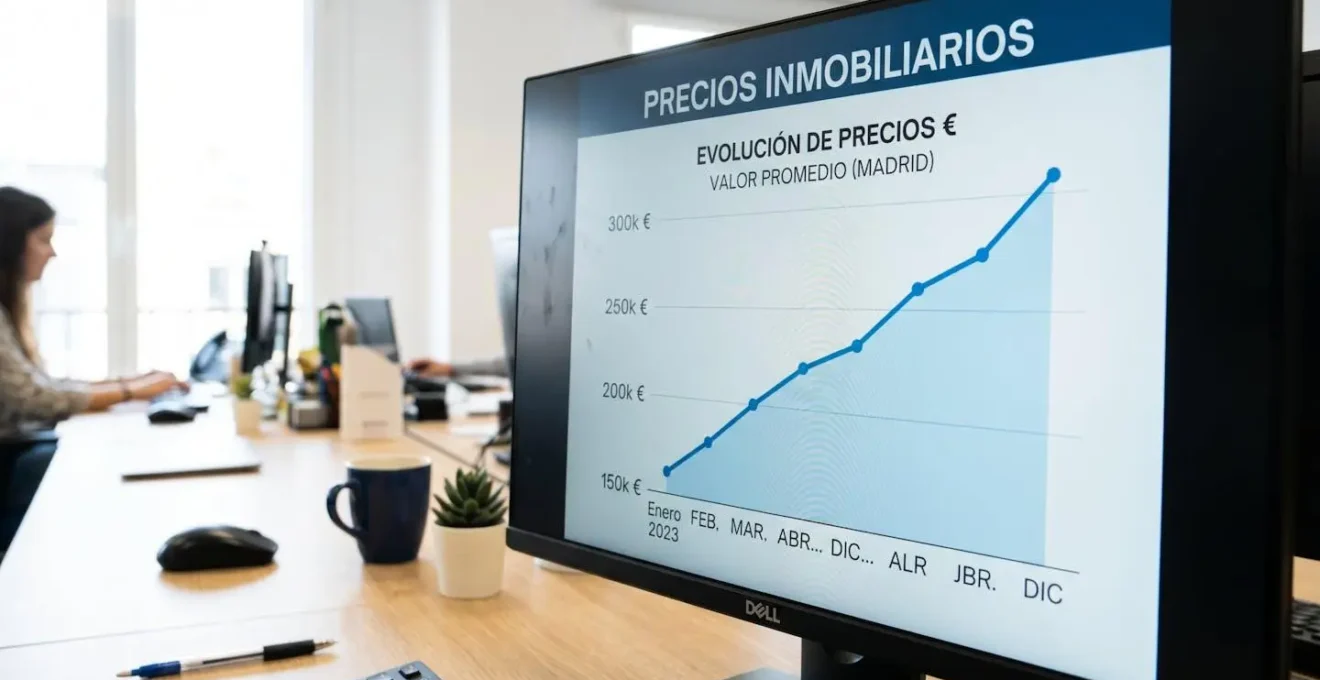 Primer plano extremo de pantalla de ordenador mostrando gráfico de evolución de precios inmobiliarios con curvas ascendentes y datos parcialmente desenfocados