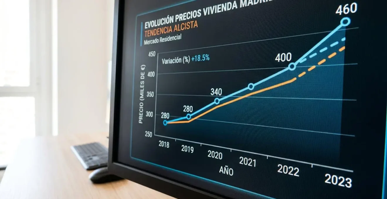 Primer plano extremo de pantalla de ordenador mostrando gráfico de evolución de precios inmobiliarios con curvas ascendentes y datos parcialmente desenfocados