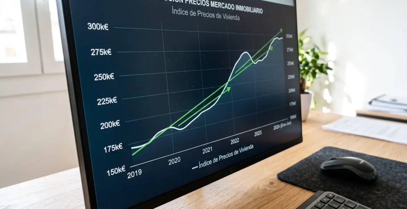 Primer plano extremo de pantalla de ordenador mostrando gráfico de evolución de precios inmobiliarios con curvas ascendentes y datos parcialmente desenfocados