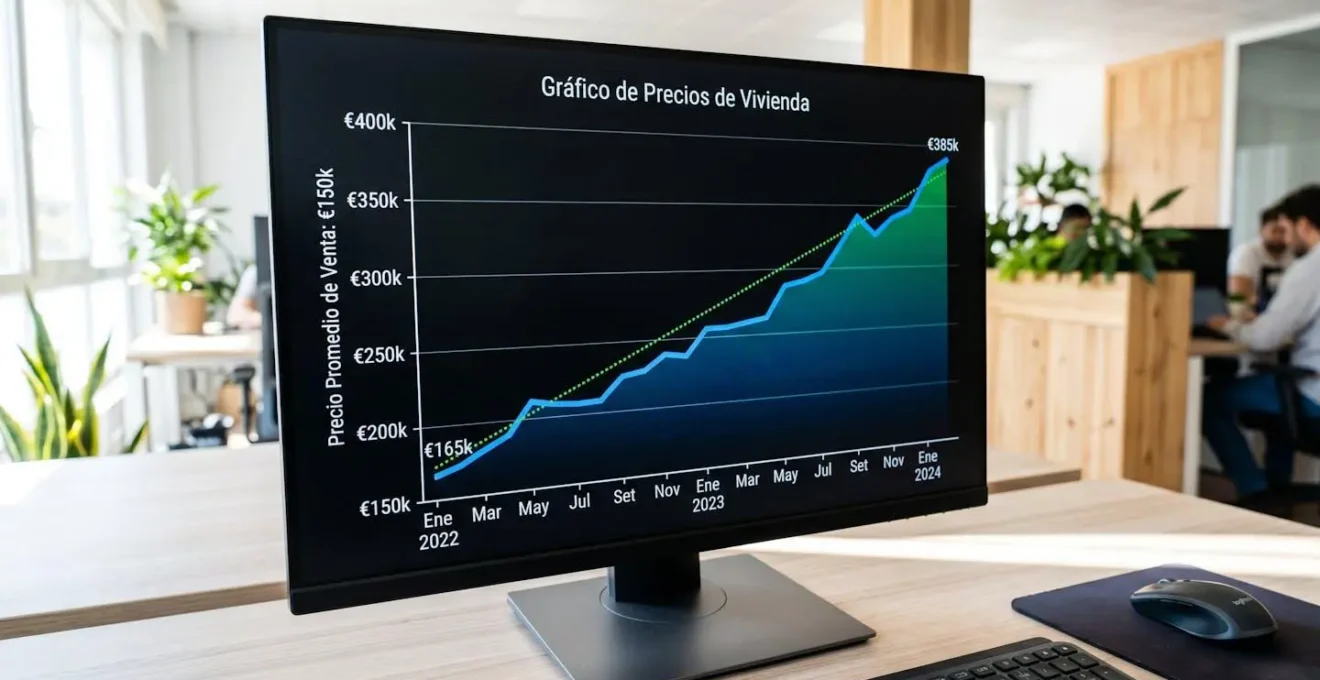 Primer plano extremo de pantalla de ordenador mostrando gráfico de evolución de precios inmobiliarios con curvas ascendentes y datos parcialmente desenfocados