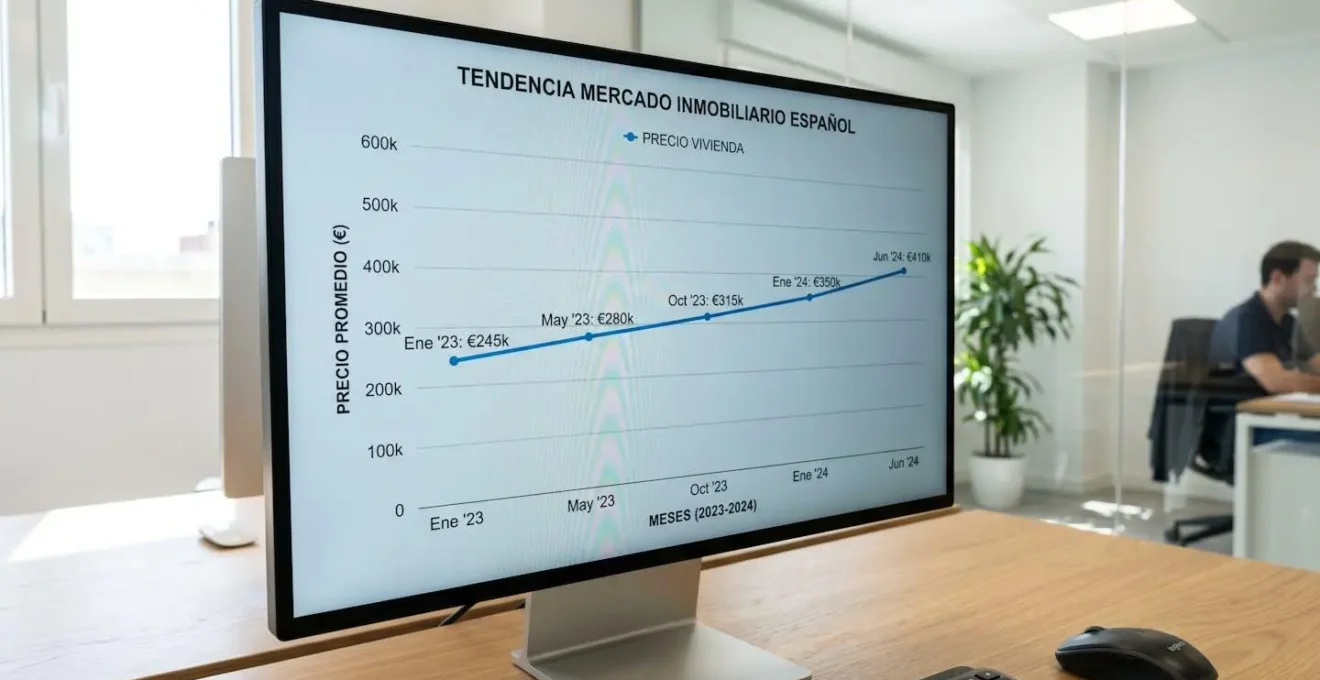 Primer plano extremo de pantalla de ordenador mostrando gráfico de evolución de precios inmobiliarios con curvas ascendentes y datos parcialmente desenfocados