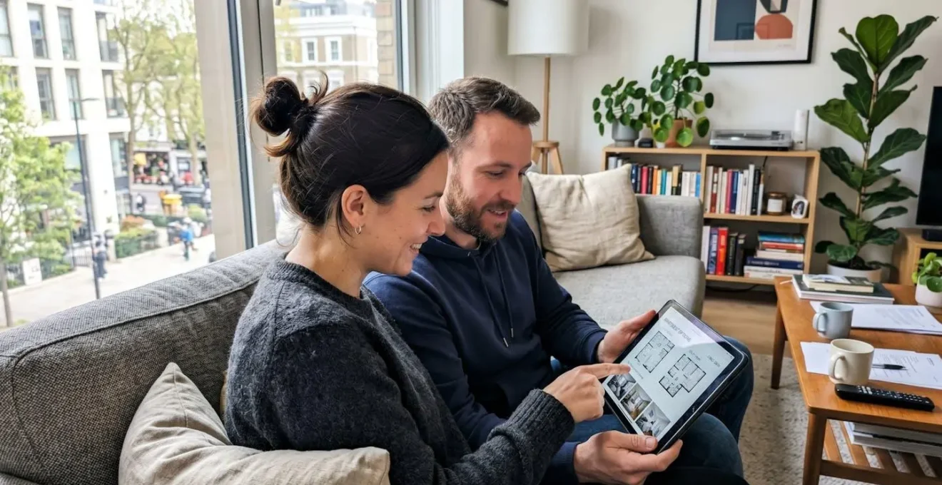 Pareja de unos 35 años sentada en un sofá moderno revisando juntos una tablet con gesto de reflexión en un salón contemporáneo