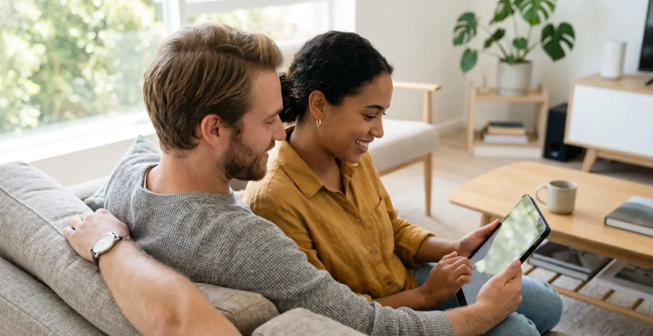 Pareja de unos 35 años sentada en un sofá moderno revisando juntos una tablet con gesto de reflexión en un salón contemporáneo