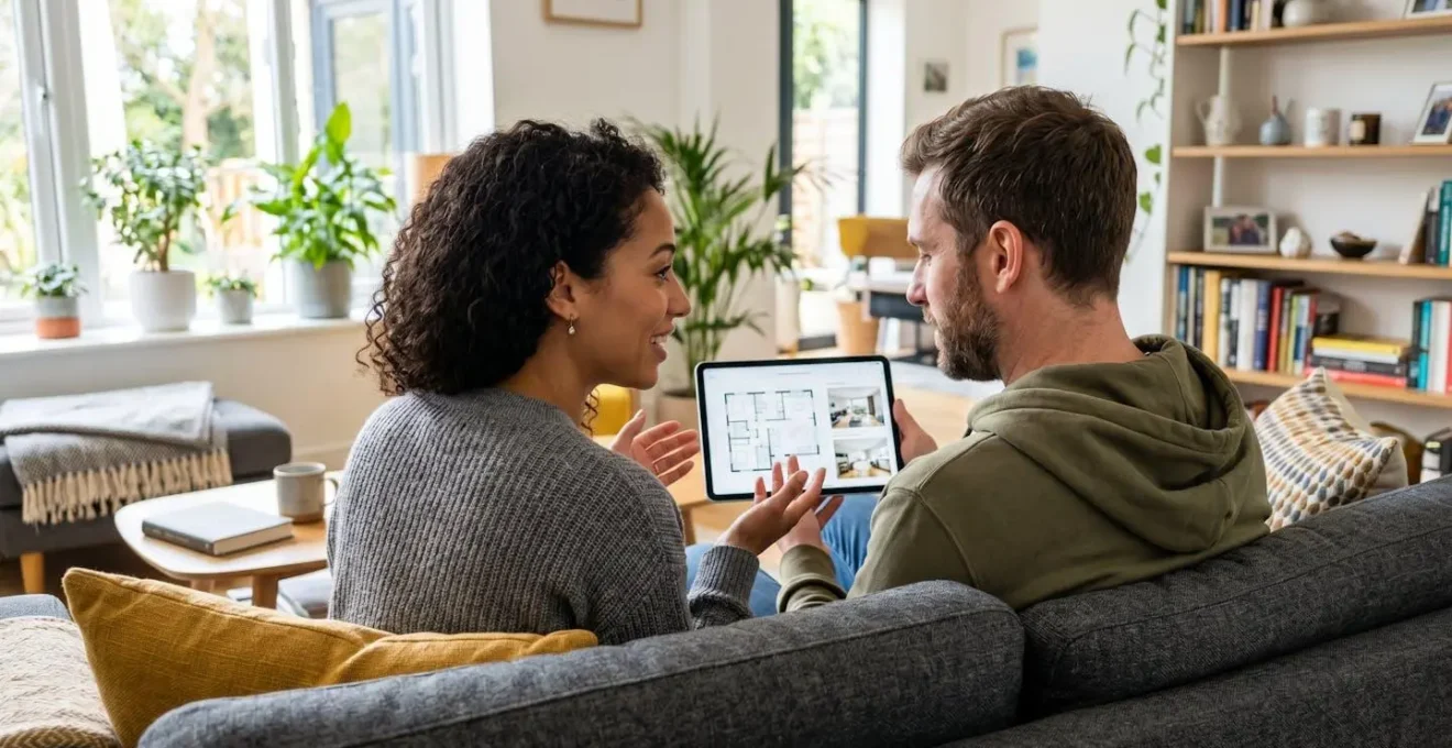 Pareja de unos 35 años sentada en un sofá moderno revisando juntos una tablet con gesto de reflexión en un salón contemporáneo