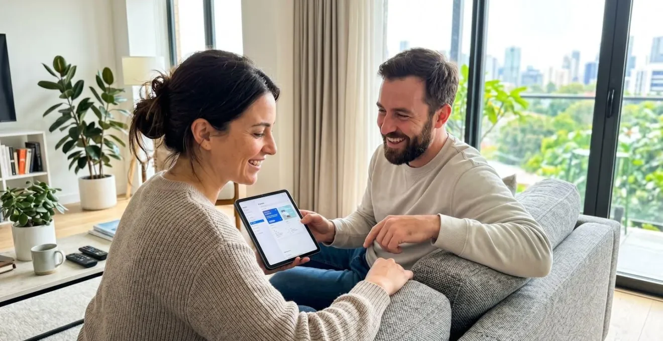 Pareja de unos 35 años sentada en un sofá moderno revisando juntos una tablet con gesto de reflexión en un salón contemporáneo