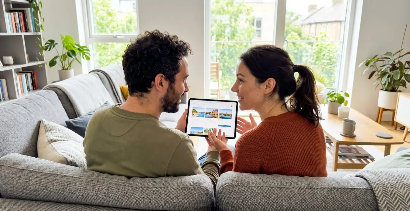 Pareja de unos 35 años sentada en un sofá moderno revisando juntos una tablet con gesto de reflexión en un salón contemporáneo