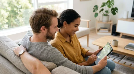 Pareja de unos 35 años sentada en un sofá moderno revisando juntos una tablet con gesto de reflexión en un salón contemporáneo