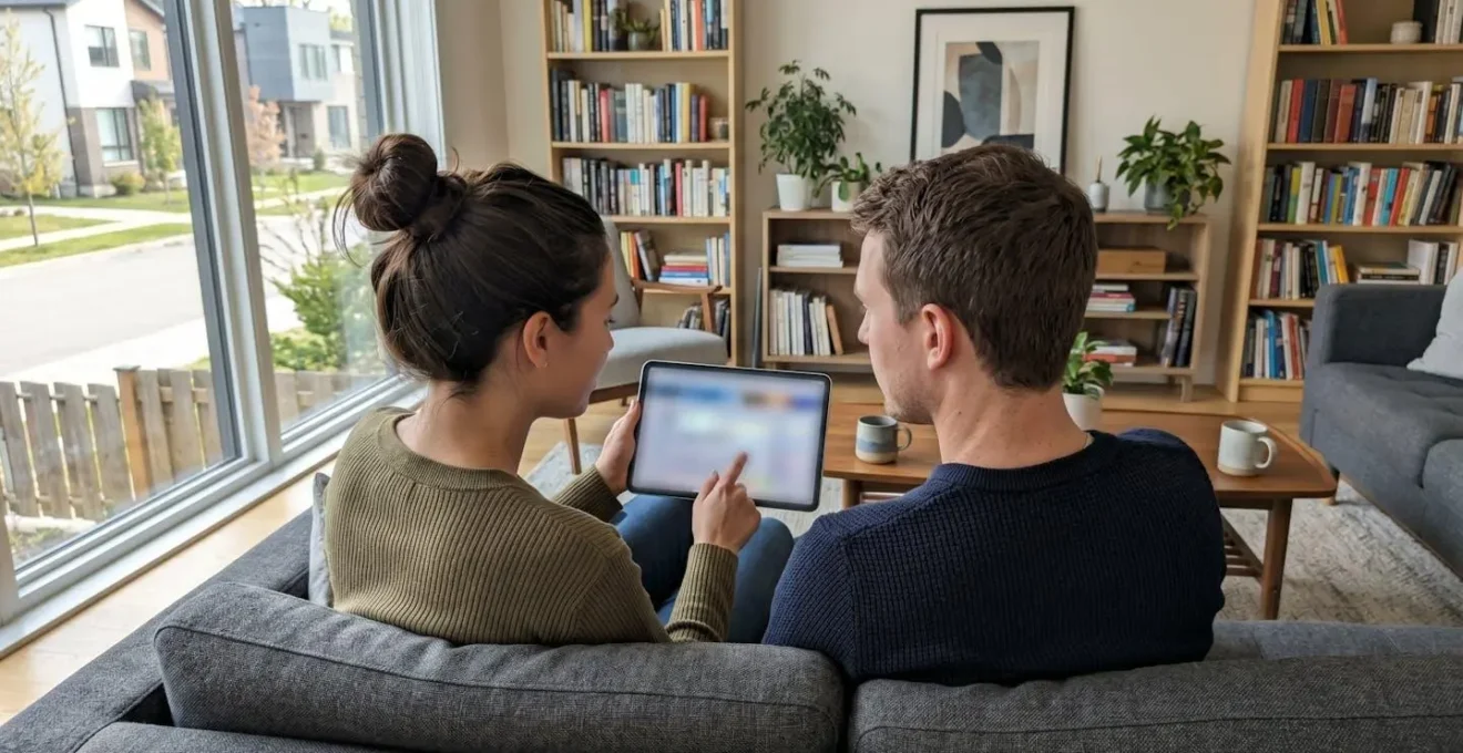 Una pareja de mediana edad sentada en un sofá moderno de un salón contemporáneo, consultando juntos una tablet con contenido digital desenfocado, luz natural abundante desde ventana lateral