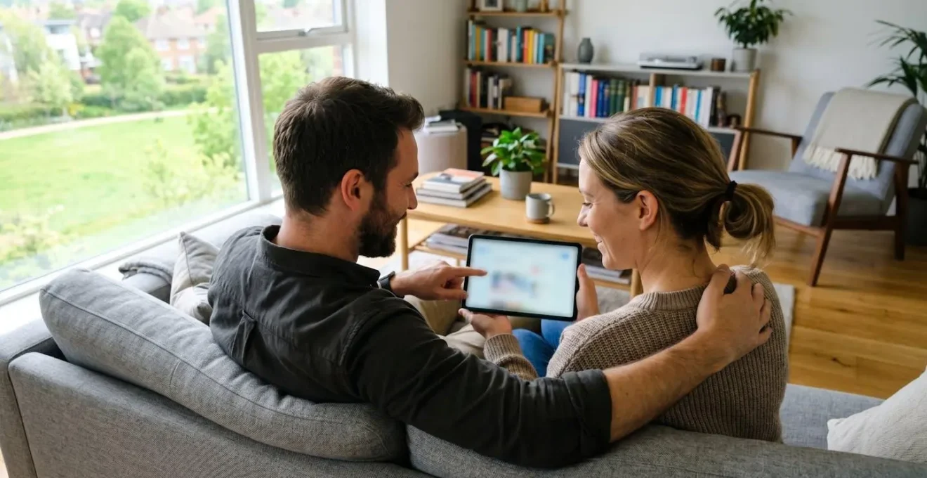 Una pareja de mediana edad sentada en un sofá moderno de un salón contemporáneo, consultando juntos una tablet con contenido digital desenfocado, luz natural abundante desde ventana lateral