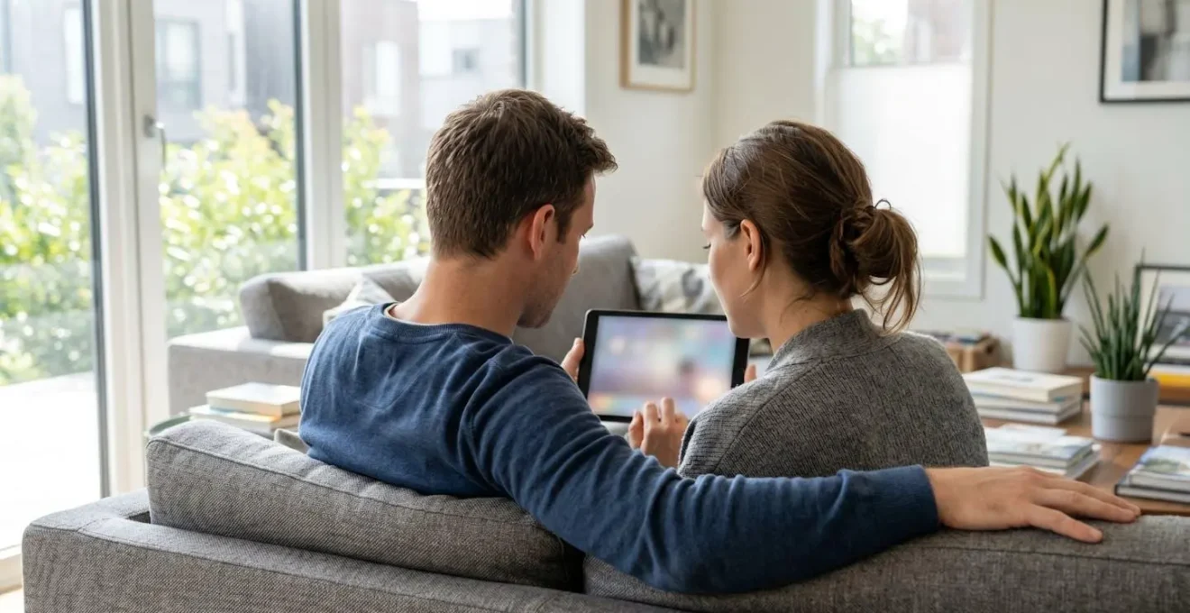 Una pareja de mediana edad sentada en un sofá moderno de un salón contemporáneo, consultando juntos una tablet con contenido digital desenfocado, luz natural abundante desde ventana lateral
