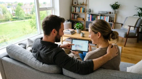 Una pareja de mediana edad sentada en un sofá moderno de un salón contemporáneo, consultando juntos una tablet con contenido digital desenfocado, luz natural abundante desde ventana lateral