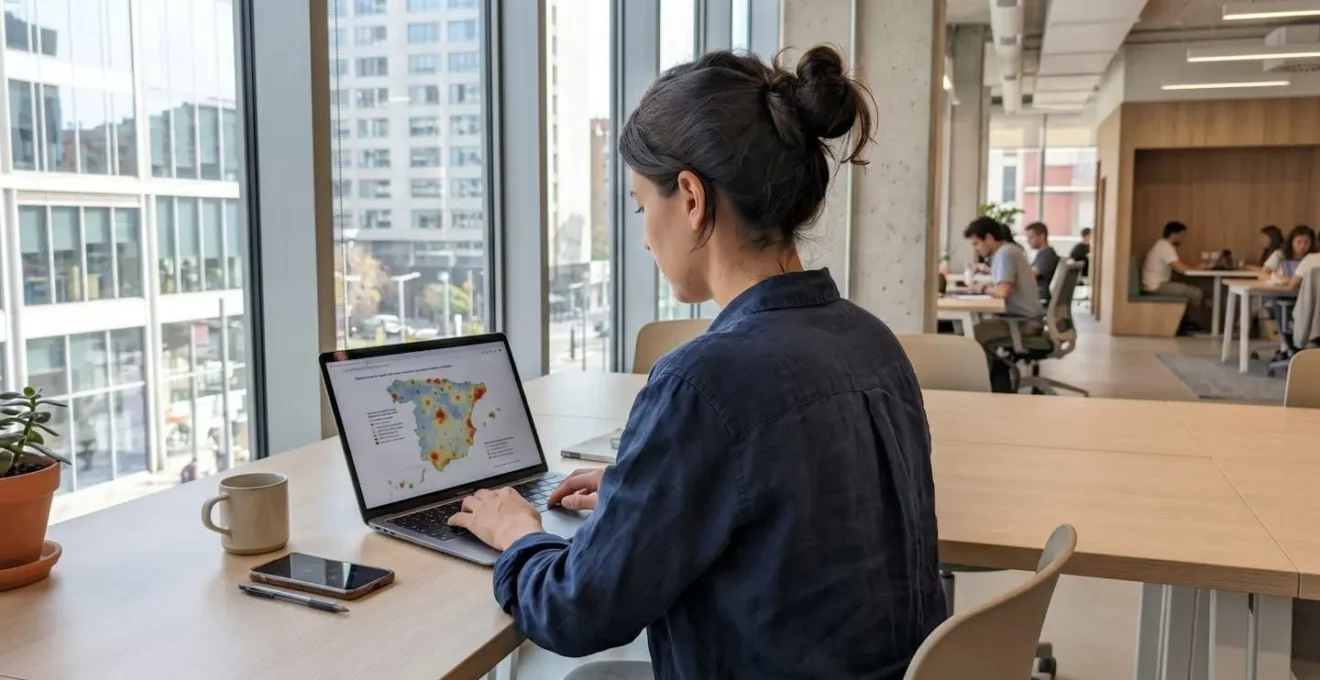 Vista de espaldas de profesional trabajando en portátil moderno con mapa de España y datos estadísticos difuminados en pantalla en oficina contemporánea luminosa