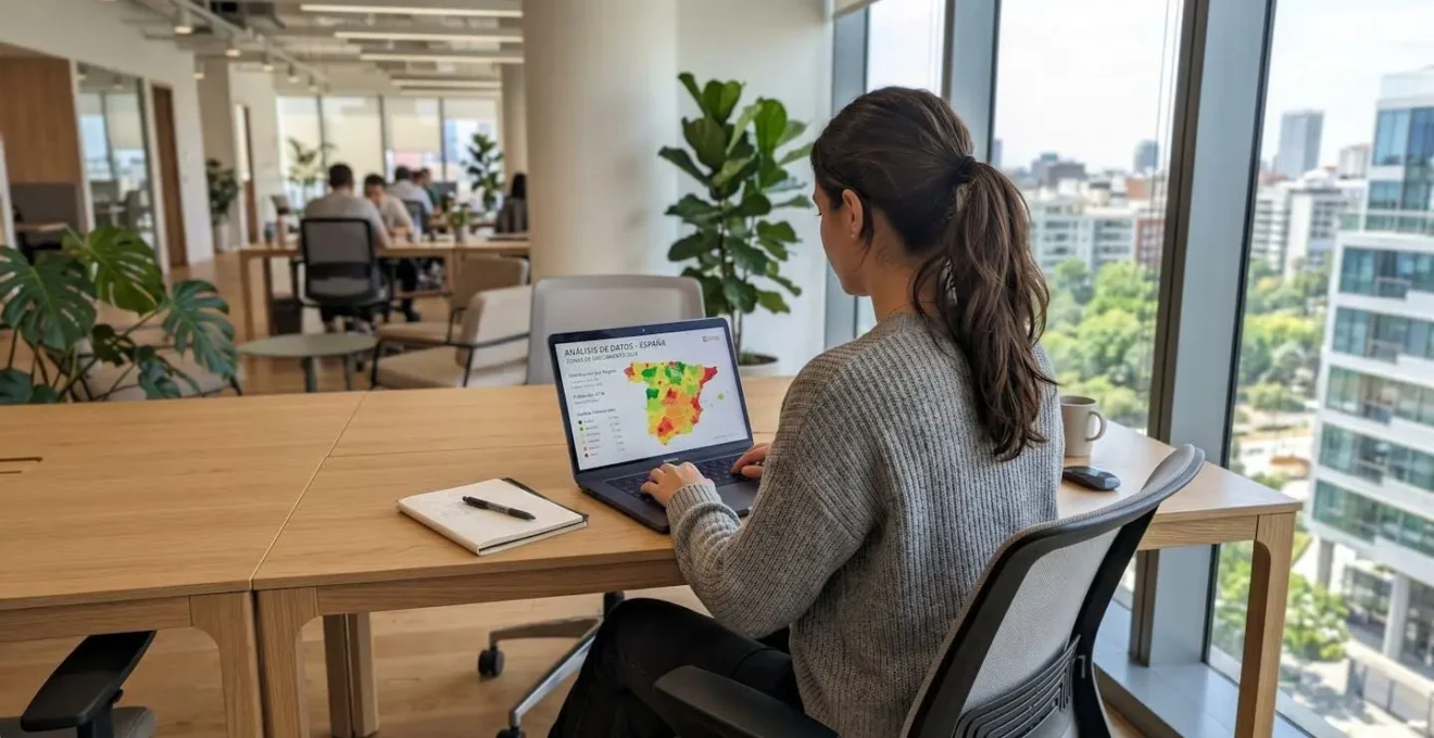 Vista de espaldas de profesional trabajando en portátil moderno con mapa de España y datos estadísticos difuminados en pantalla en oficina contemporánea luminosa