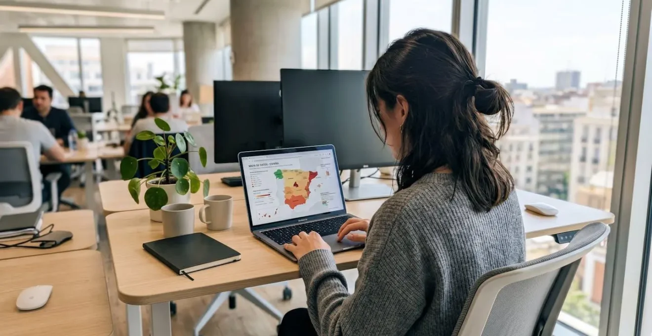 Vista de espaldas de profesional trabajando en portátil moderno con mapa de España y datos estadísticos difuminados en pantalla en oficina contemporánea luminosa