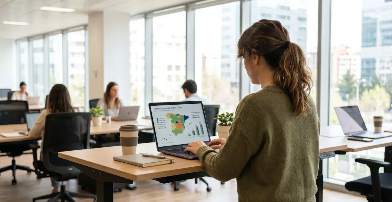 Vista de espaldas de profesional trabajando en portátil moderno con mapa de España y datos estadísticos difuminados en pantalla en oficina contemporánea luminosa