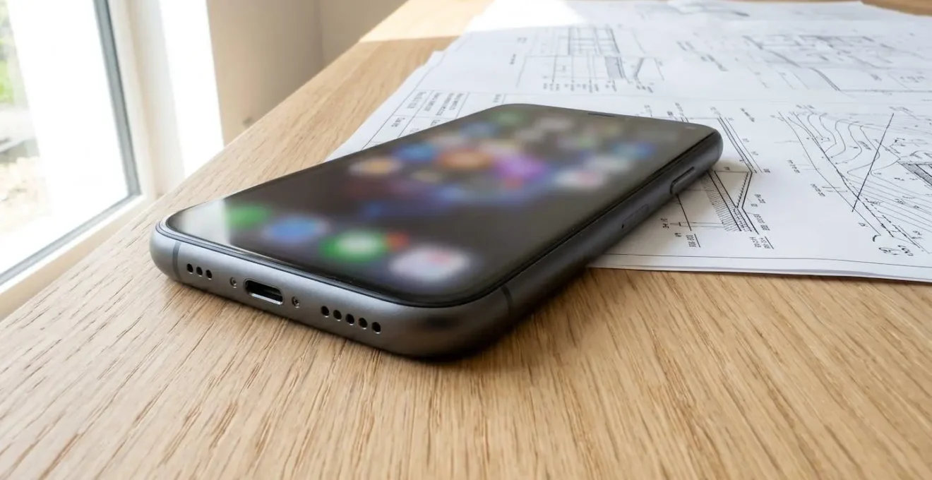 Primer plano de smartphone sobre mesa de madera contemporánea con documentos técnicos y planos arquitectónicos difuminados al fondo, luz natural lateral intensa
