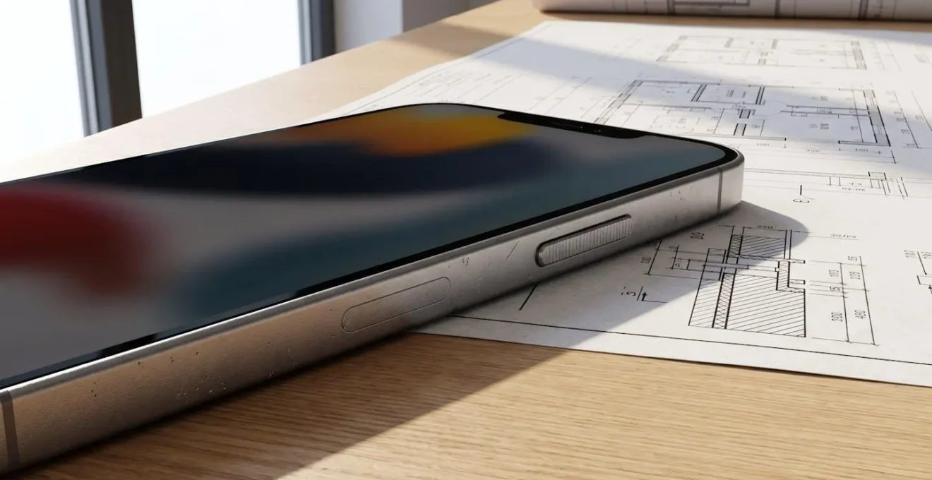 Primer plano de smartphone sobre mesa de madera contemporánea con documentos técnicos y planos arquitectónicos difuminados al fondo, luz natural lateral intensa