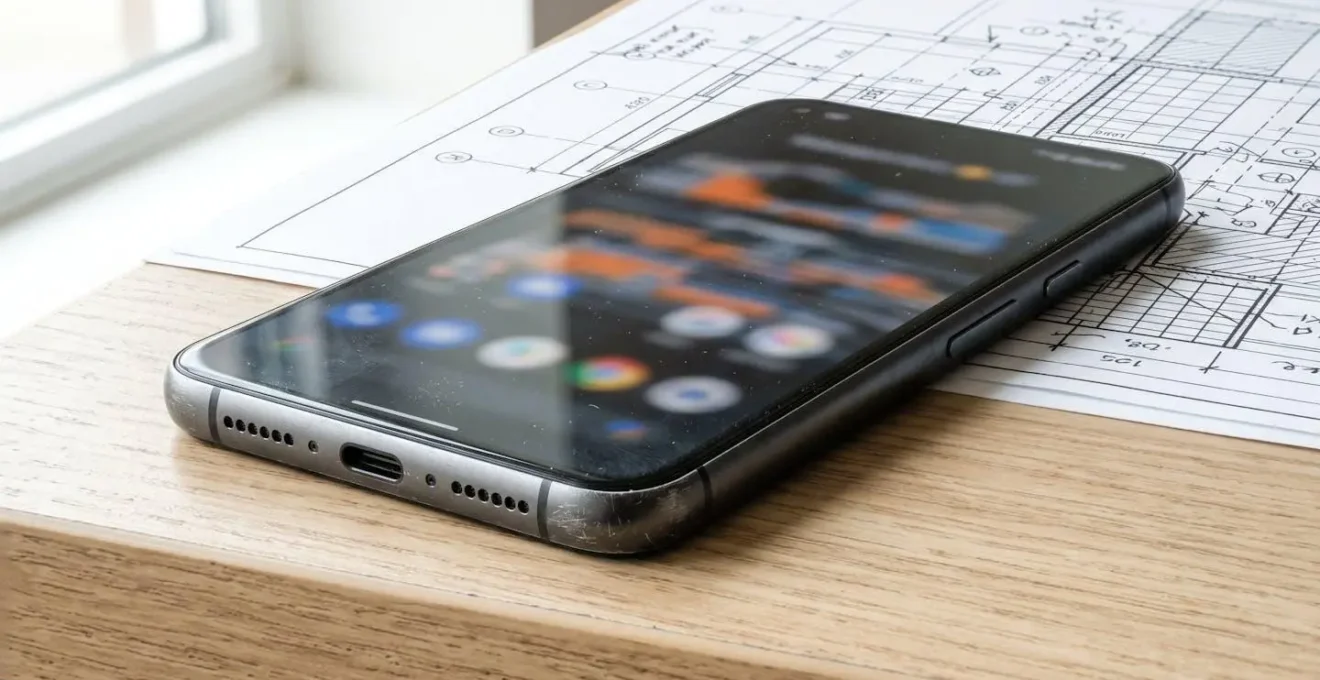 Primer plano de smartphone sobre mesa de madera contemporánea con documentos técnicos y planos arquitectónicos difuminados al fondo, luz natural lateral intensa